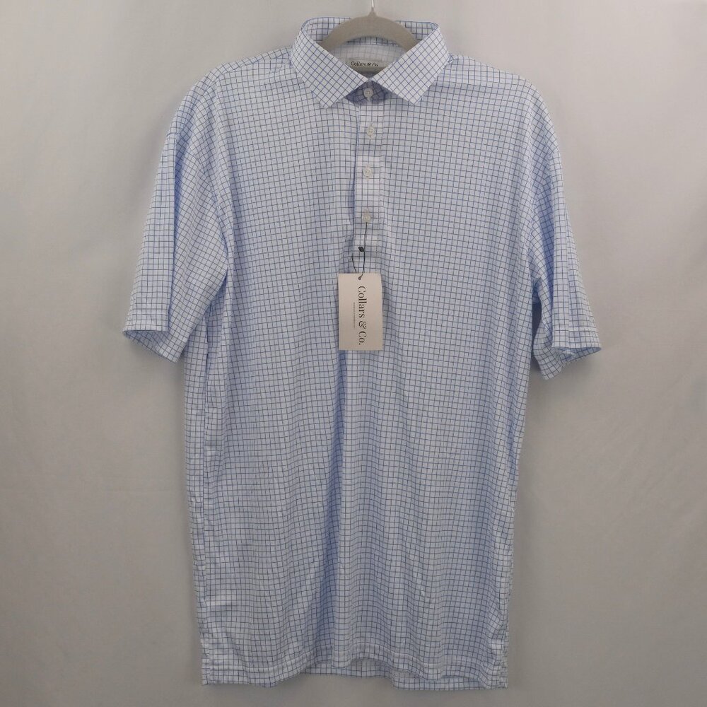 Collars & Co Semi-Spread Collar Short-Sleeve Golf Polo, Thin Blue Check - Picture 3 of 12